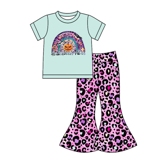 5.1(Custom Design Preorder MOQ 5) Rainbow Pumpkin Top Leopard Bell Pants Girls Halloween Clothes Set