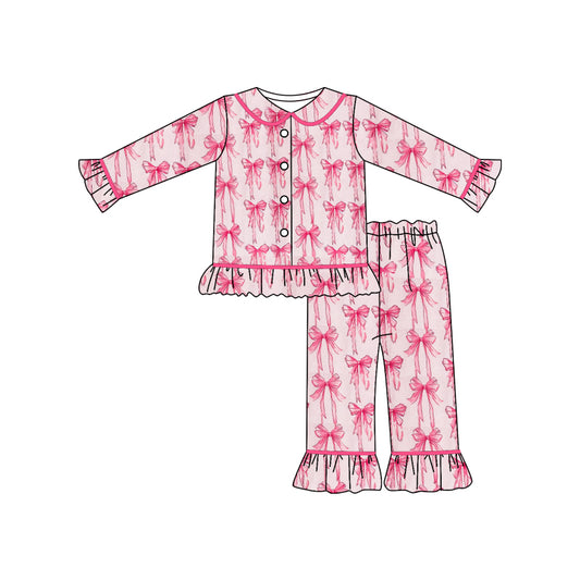 (Custom Design Preorder MOQ 5)  Pink Bows Print Girls Buttons Pajamas Clothes Set