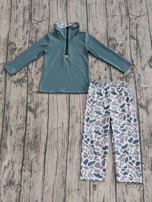 (Custom Design Preorder MOQ 5) De Nimes Color Zipper Pullover Top Camo Pants Boys Fall Clothes Set