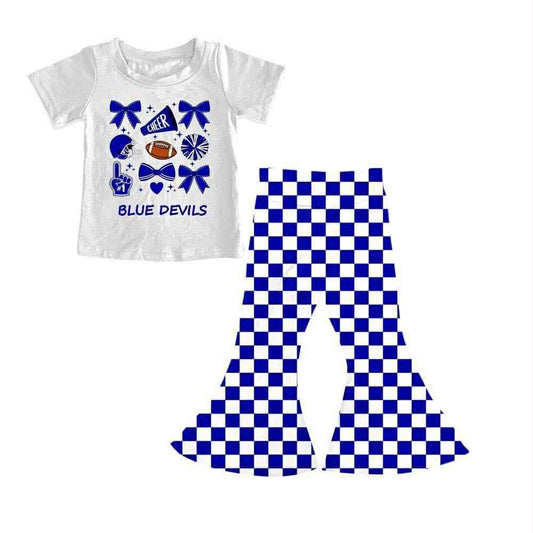 (Custom Design Preorder MOQ 5) Team's Blue Devils Bows Top Plaid Bell Pants Girls Clothes Set