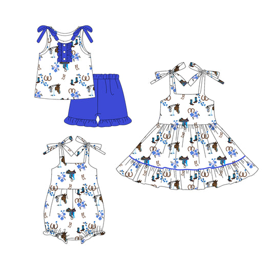 5.24(Custom Design Preorder MOQ 5 Each Design) Horse Blue Flowers Print Girls Summer Matching Clothes Sisters Wear