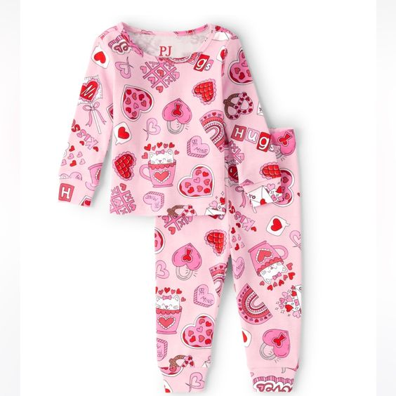 (Custom Design MOQ 5)  Pink Rainbow Heart Print Girls Valentine's Pajamas Clothes Set