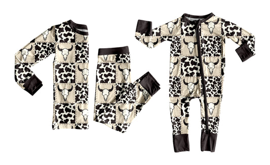 5.24(Custom Design Preorder MOQ 5 Each Design) Cow Skull Western Print Kids Fall Pajamas Matching Clothes Brothers Wear