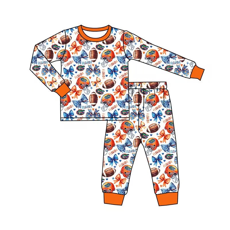 (Custom Design Preorder MOQ 5) Team's Orange Bows Print Girls Pajamas Clothes Set