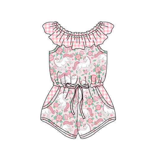 (Custom Design Preorder MOQ 5) Pink Unicorn Flowers Print Pockets Girls Summer Jumpsuits
