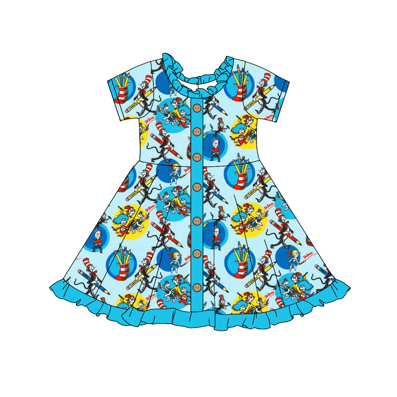 (Custom Design Preorder MOQ 5)  Dr.Reading Pen Blue Print Girls Knee Length Dress