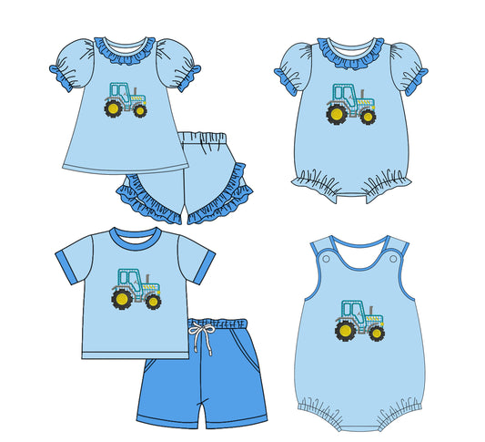 11.29(Custom Design Preorder MOQ 5 Each Design) Tractors Blue Print Kids Summer Matching Clothes Sibling Wear