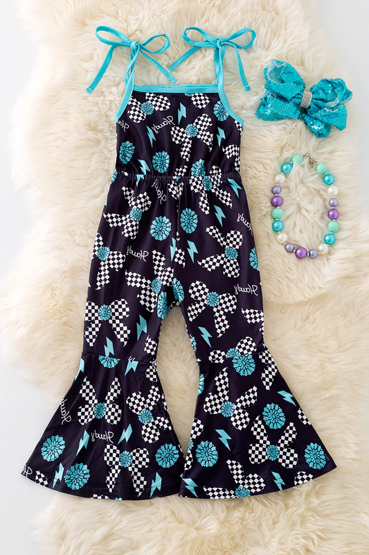 (Custom Design Preorder MOQ 5) Turquoise Bows Print Girls Summer Strap Jumpsuits