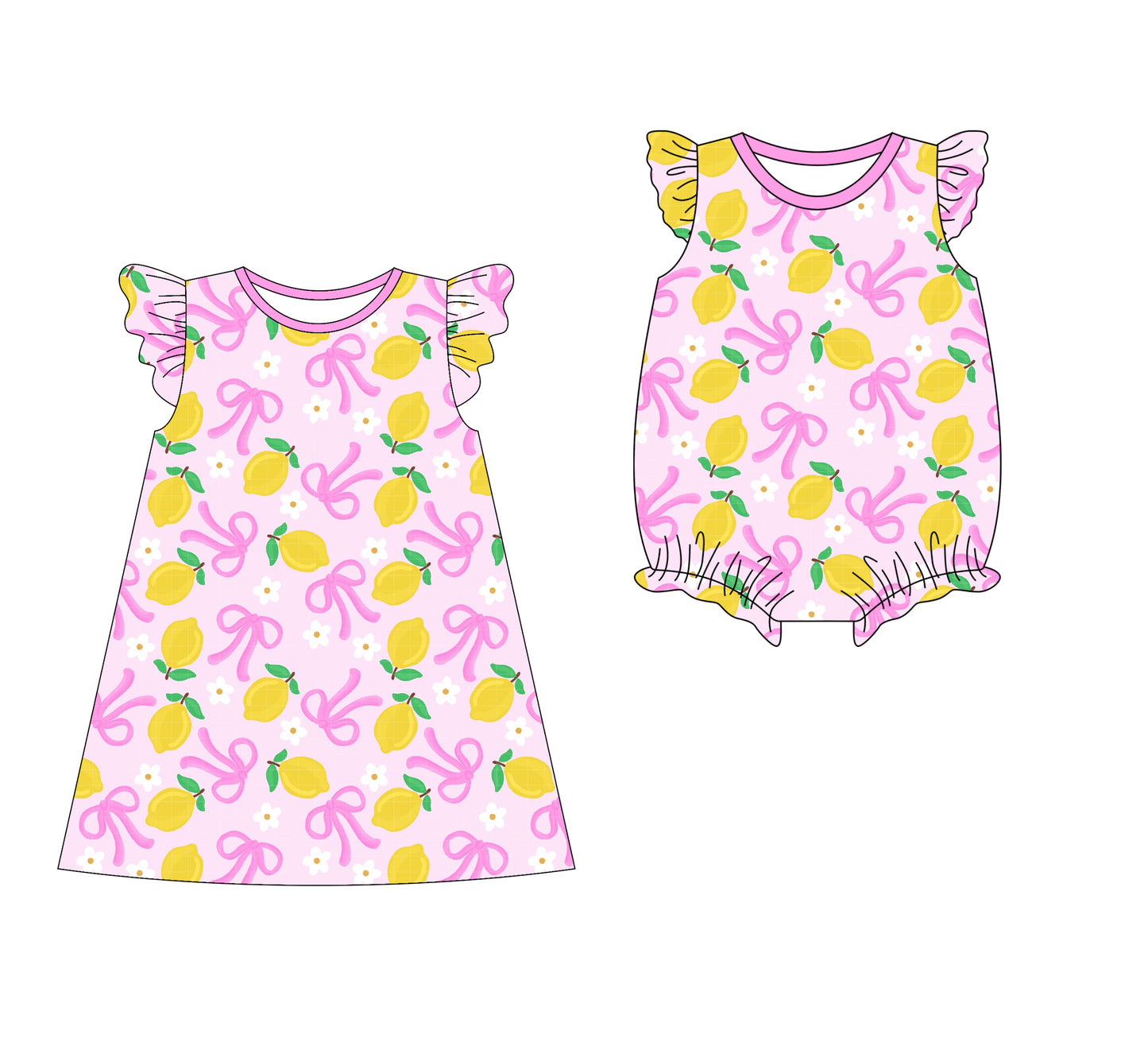 3.10(Custom Design Preorder MOQ 5 Each Design) Flowers Bows Lemon Print Girls Summer Matching Clothes Sisters Wear