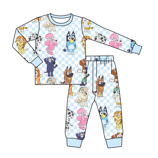 (Pre-order)BLP1020 Cartoon Dog Blue Plaid Print Boys Pajamas Clothes Set