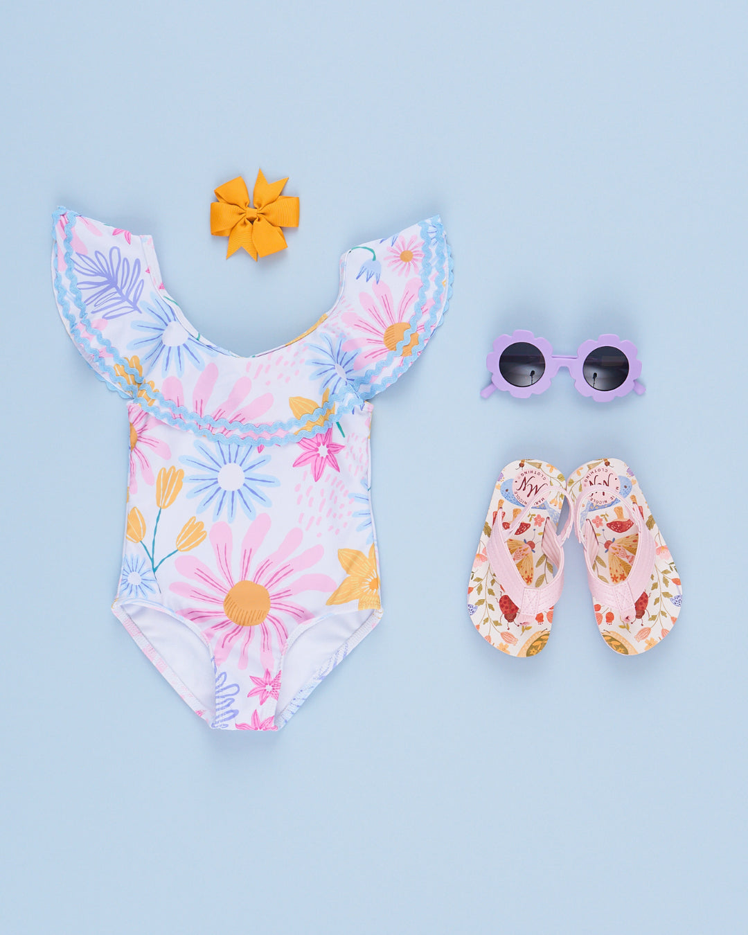 (Custom Design Preorder MOQ 5) Colorful Flowers Print Girls 1 Piece Swimsuits Sister Wear