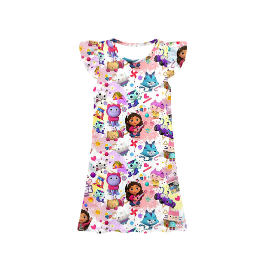 11.23(Custom Design Preorder MOQ 5) Cartoon Teacher Cats Ms.R* Print Girls Flutter Sleeve Knee Length Dress