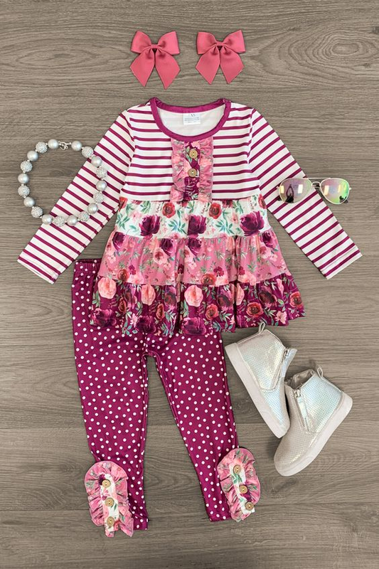 (Custom Design MOQ 5) Flowers Tunic Top Dots Legging Pants Girls Clothes Set