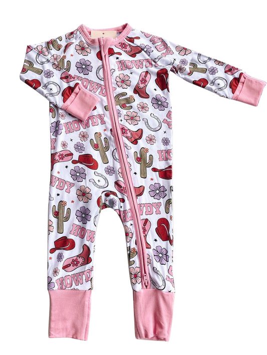 (Custom Design Preorder MOQ 5)  Howdy Flowers Boots Print Baby Girls Bamboo Sleeper Zipper Romper