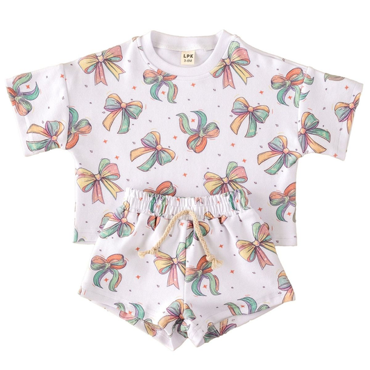 (Custom Design Preorder MOQ 5) Colorful Bows Print Girls Summer Clothes Set