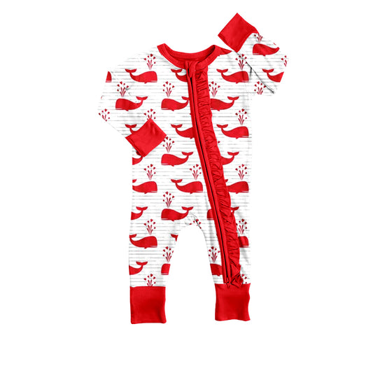 (Custom Design Preorder MOQ 5) Whale Heart Print Baby Girls Valentine's Zipper Romper