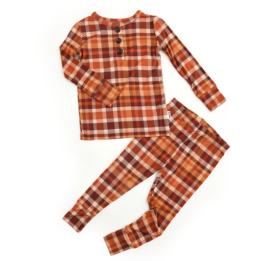 (Custom Design Preorder MOQ 5) Brown Orange Plaid Print Girls Fall Pajamas Clothes Set