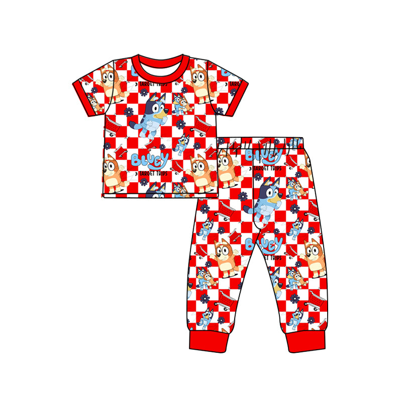 (Custom Design Preorder MOQ 5) Cartoon Dog Red Plaid Print Kids Pajamas Clothes Set
