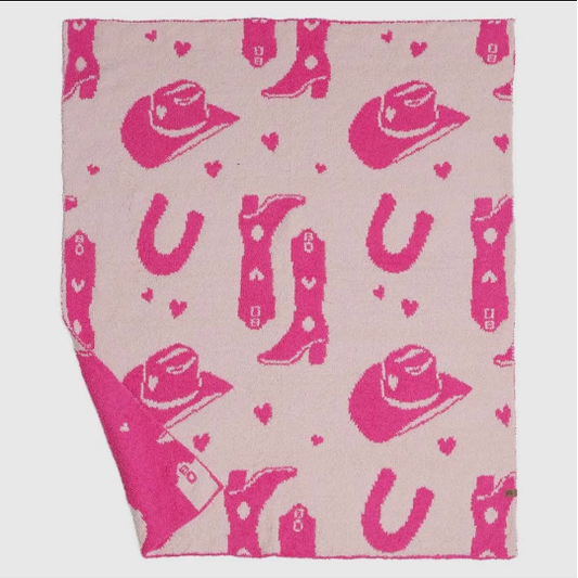 (Custom Design Preorder MOQ 5) Boots Hat Pink Western Print Baby Girls Minky Blanket