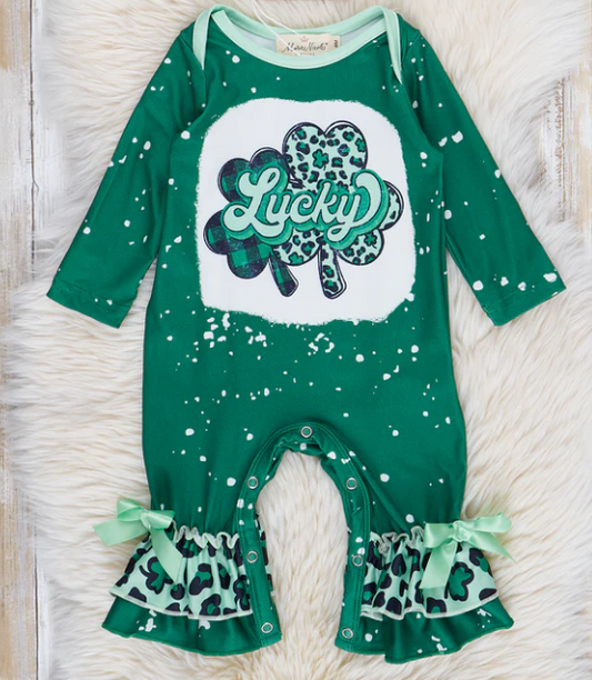 (Custom Design Preorder MOQ 5) Leaf Lucky Leopard Green Print Baby Girls St. Patrick's Day Romper