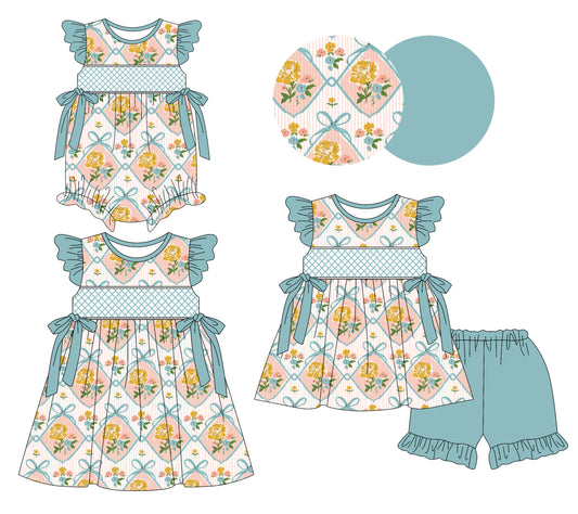 3.7(Custom Design Preorder MOQ 5 Each Design) Flowers Bows Print Girls Summer Matching Clothes Sisters Wear