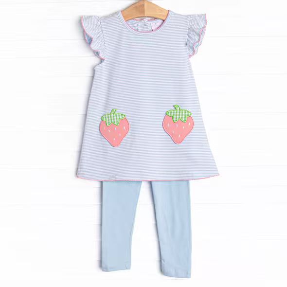 (Custom Design Preorder MOQ 5)  Strawberry Stripes Tunic Top Blue Pants Girls Clothes Set