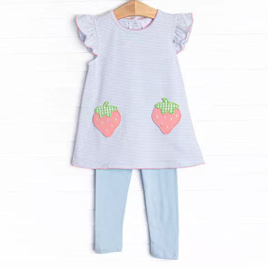 (Custom Design Preorder MOQ 5)  Strawberry Stripes Tunic Top Blue Pants Girls Clothes Set