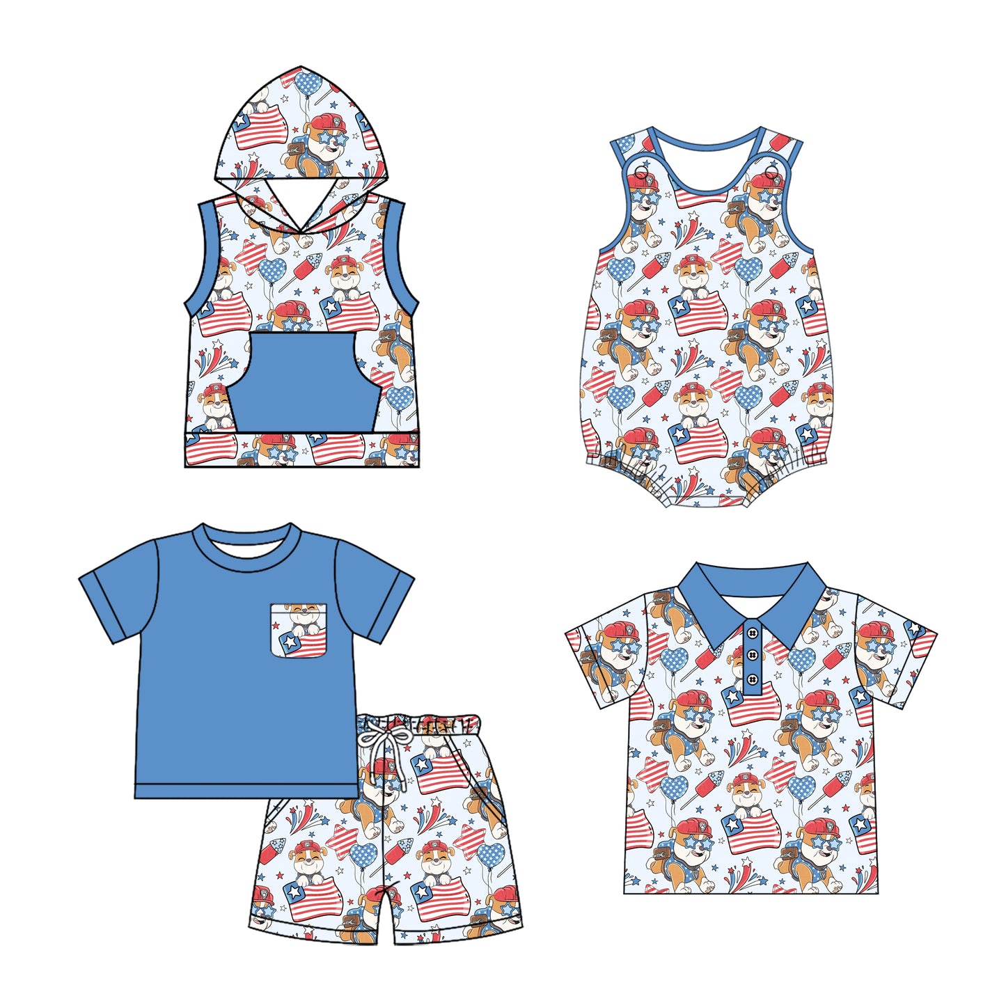 1.18(Custom Design Preorder MOQ 5 Each Design) Cartoon Dog Stars Blue Print Boys 4th of July Matching Clothes Brothers Wear
