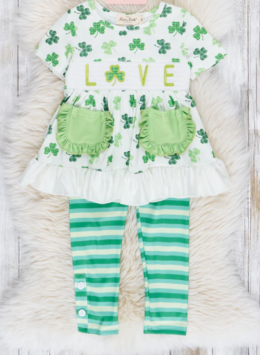 (Custom Design Preorder MOQ 5) Leaf Pockets Tunic Top Stripes Pants Girls St. Patrick's Day Clothes Set