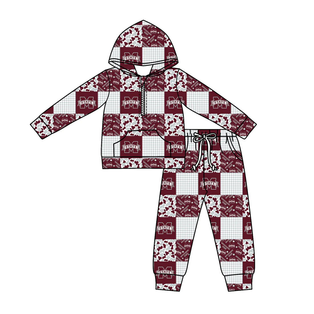 (Custom Design Preorder MOQ 5) Team's Mississippi State Plaid Print Zipper Hoodie Top Pockets Pants Kids Fall Clothes Set