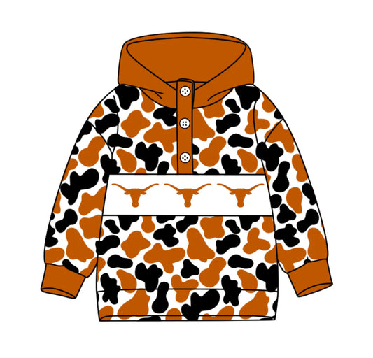 (Custom Design Preorder MOQ 5) Team's Texas Longhorns Camo Print Kids Long Sleeve Buttons Hoodie Top