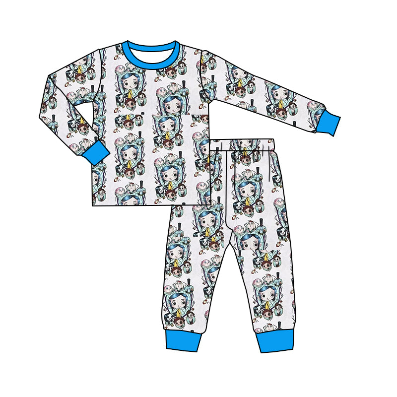 (Custom Design Preorder MOQ 5) Cartoon Coraline White Print Girls Halloween Pajamas Clothes Set