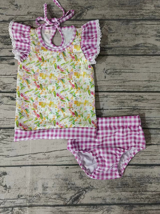 (Custom Design Preorder MOQ 5)  Flowers Plaid Print Girls 2 Pieces Swimsuits