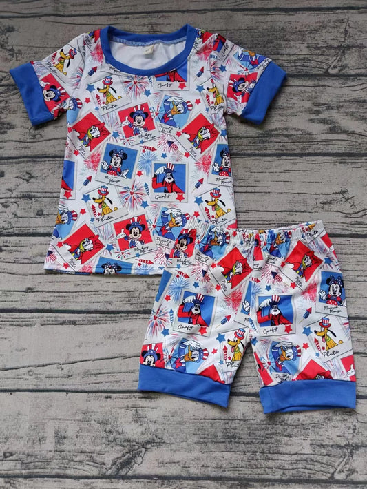 (Custom Design Preorder MOQ 5)  Cartoon Mouse Print Boys 4th of July Clothes Set