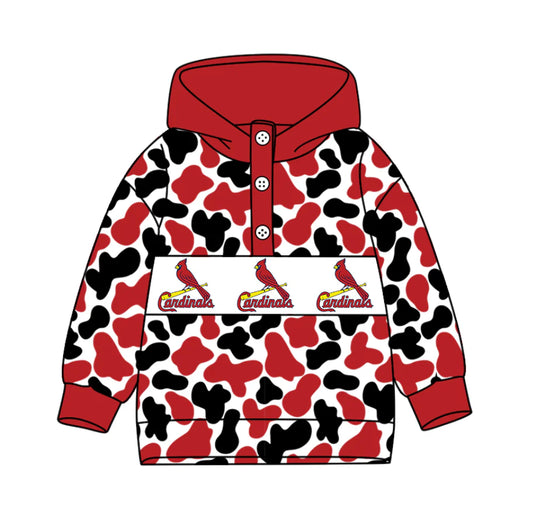 (Custom Design Preorder MOQ 5) Team's Cardinals Camo Print Kids Long Sleeve Buttons Hoodie Top
