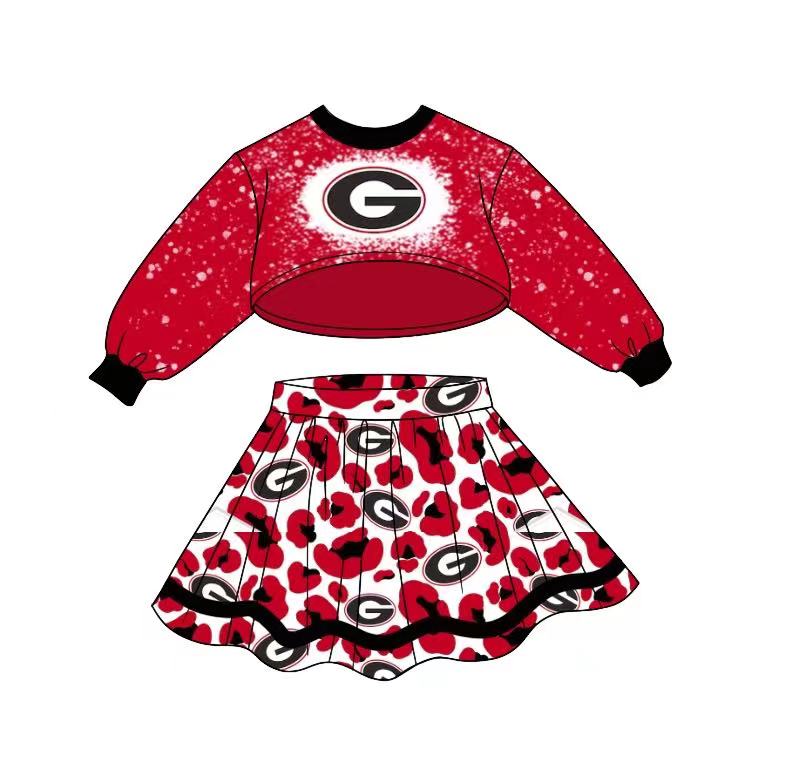 (Custom Design MOQ 5) Red Long Sleeve Top Leopard Skirts Girls Football Team's Clothes Set