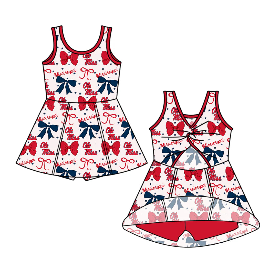 (Custom Design Preorder MOQ 5) Team's Ole Miss Bows Print Backless Top Shorts Skirts Girls Summer Yoga Dress
