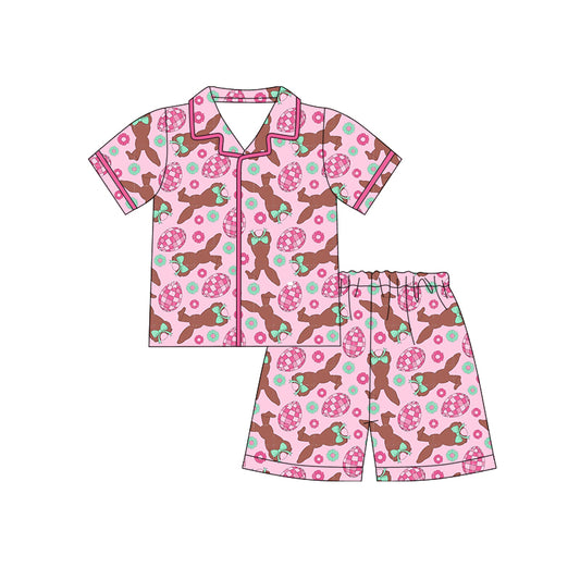 12.10 (Custom Design Preorder MOQ 5) Bunny Eggs Flowers Print Girls Easter Buttons Pajamas Clothes Set