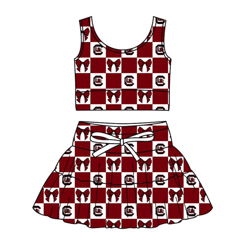 (Custom Design Preorder MOQ 5 Each Color) Team's Gamecock Bows Plaid Print Girls Summer Clothes Sisters Matching Wear