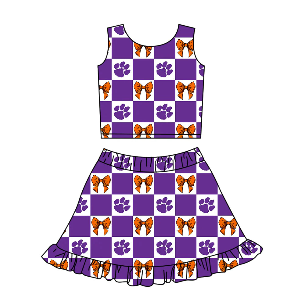 (Custom Design Preorder MOQ 5 Each Color) Team's Purple Paw Bows Plaid Print Girls Summer Clothes Sisters Matching Wear