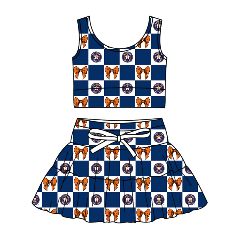 (Custom Design Preorder MOQ 5 Each Color) Team's Houston Astros Bows Plaid Print Girls Summer Clothes Sisters Matching Wear
