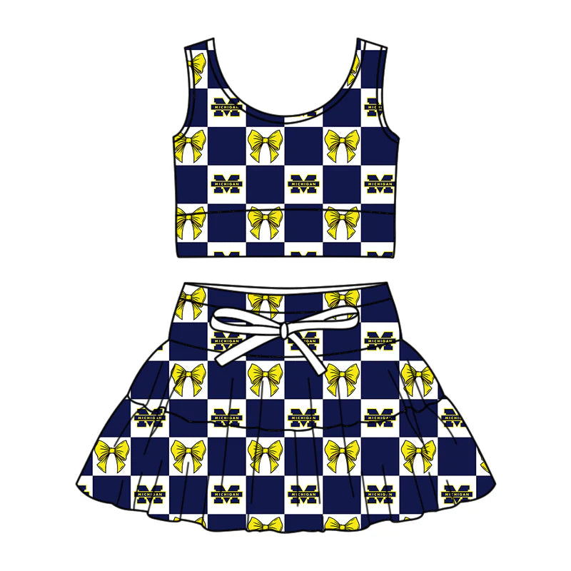 (Custom Design Preorder MOQ 5 Each Color) Team's Michigan Bows Plaid Print Girls Summer Clothes Sisters Matching Wear