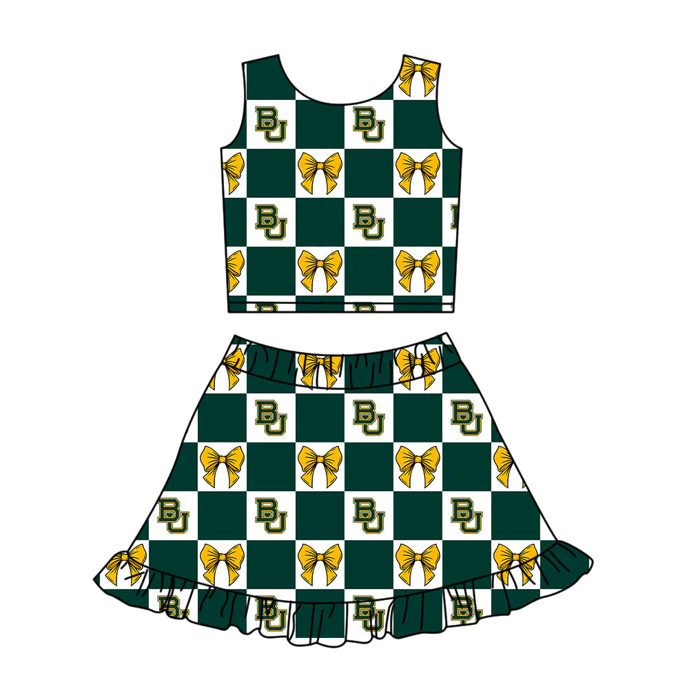 (Custom Design Preorder MOQ 5 Each Color) Team's Baylor University Bows Plaid Print Girls Summer Clothes Sisters Matching Wear