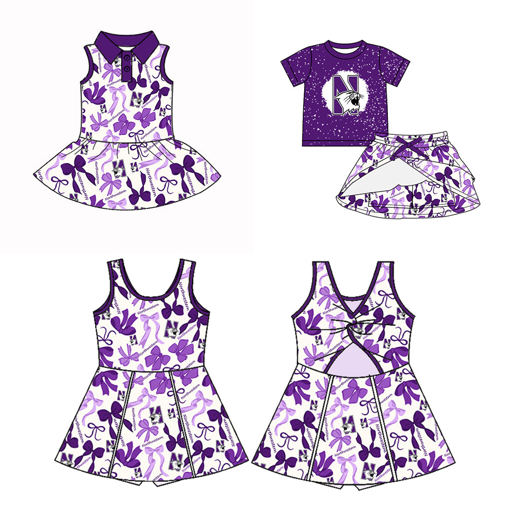 (Custom Design Preorder MOQ 5 Each Color) Team's Northwestern Bows Print Girls Summer Clothes Sisters Matching Wear