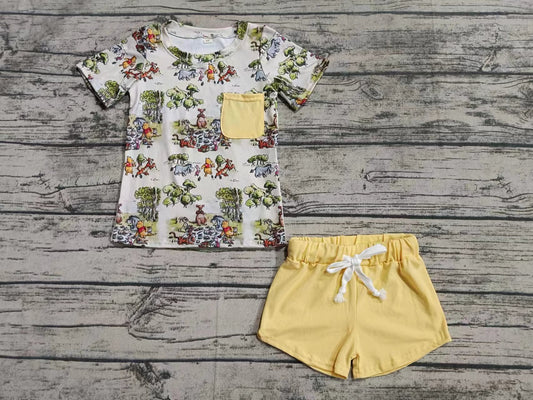 (Custom Design Preorder MOQ 5) Cartoon Beer Pocket Top Yellow Shorts Boys Summer Clothes Set