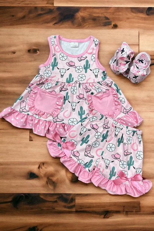 (Custom Design Preorder MOQ 5) Cow Skull Cactus Print Pockets Tunic Top Ruffles Shorts Girls Western Summer Clothes Set