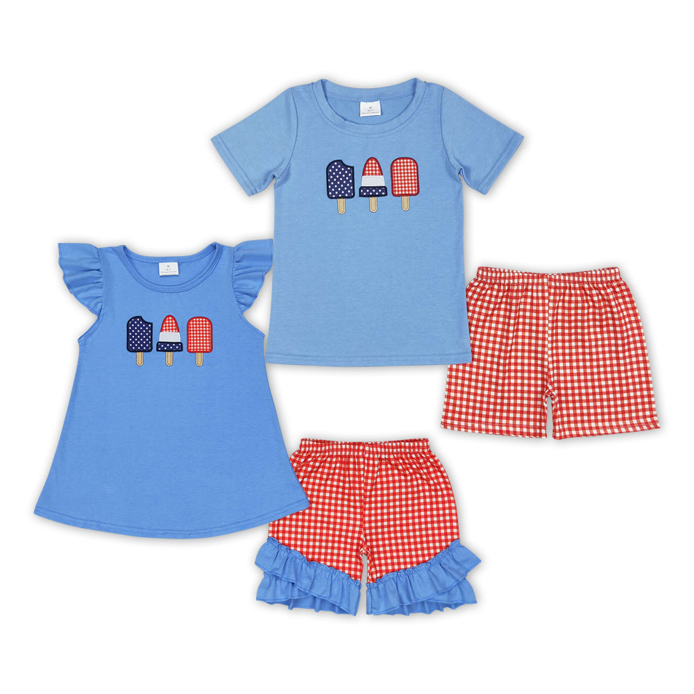 Popsicle Embroidery Blue Top Red Plaid Shorts Sibling 4th of July Matching Clothes