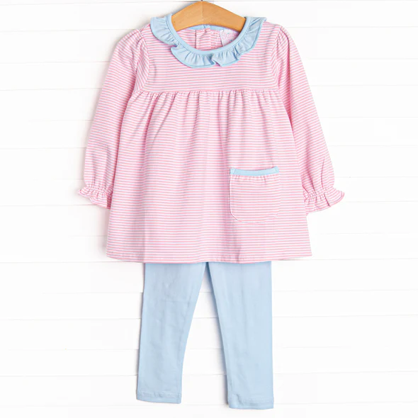 (Custom Design Preorder MOQ 5) Pink Stripes Pocket Tunic Top Blue Pants Girls Fall Clothes Set