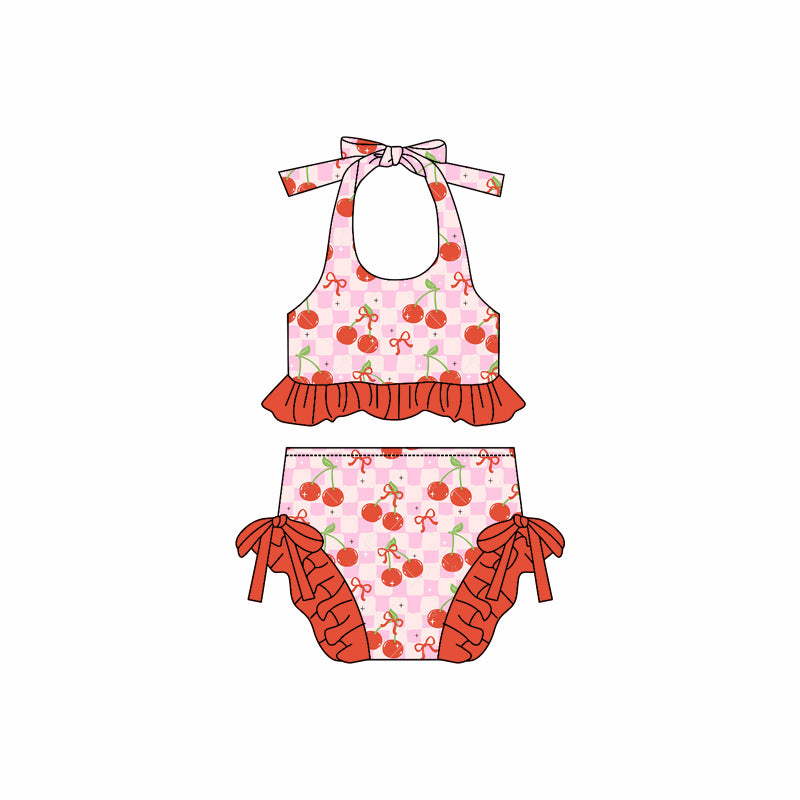 (Custom Design Preorder MOQ 5) Cherry Bows Plaid Print Girls 2 Piece Swimsuits