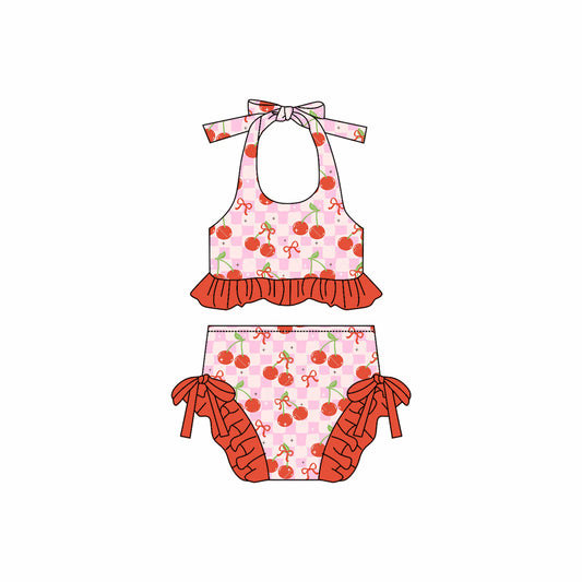 (Custom Design Preorder MOQ 5) Cherry Bows Plaid Print Girls 2 Piece Swimsuits